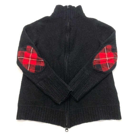 Pendleton Sweaters - Pendleton Black 100% Wool Zip Up Cardigan Red Plaid Elbow Patches Womens Small